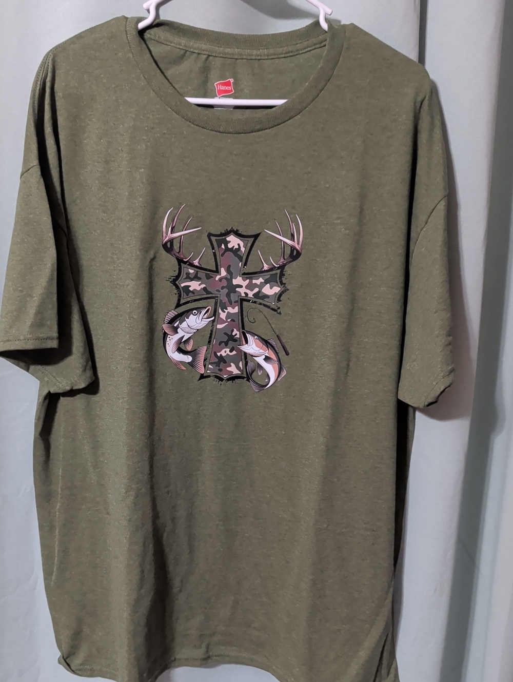 Hanes Olive Short-Sleeve Tee with Camo Cross and Outdoor Graphic